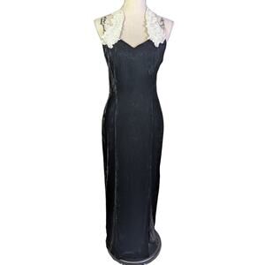 Vintage 90s Fashion 1001 Nights Black Velvet Halter Maxi Dress Lace 7/8